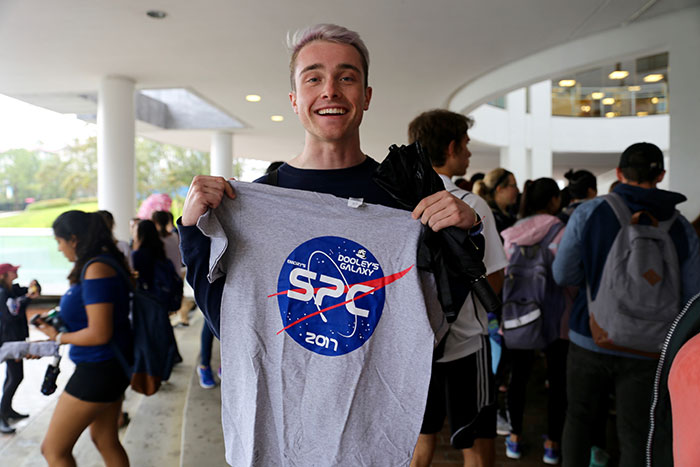 Students pose with special t-shirts celebrating Dooley's Week.