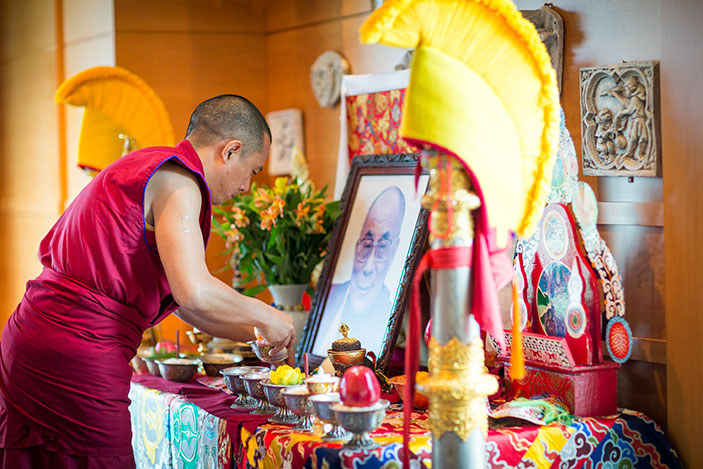 Geshe Lobsang Tenzin and the monks of the Drepung Loseling Monastery in Atlanta lead the opening ceremony for Tibet Week at Emory University.
