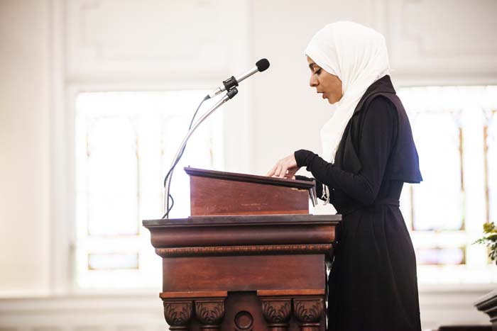 Oxford College sophomore Salma Soliman, co-president of the campus Muslim Student Association who served with Abinta Kabir on Oxford's Student Activities Committee, offered a Muslim prayer.