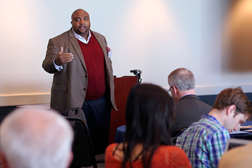 Retreat moderator James Roland, senior director of the Barkley Forum, stressed that the goal of the event was "to create systems that will allow us to be able to sustain efforts to be a better Emory."
