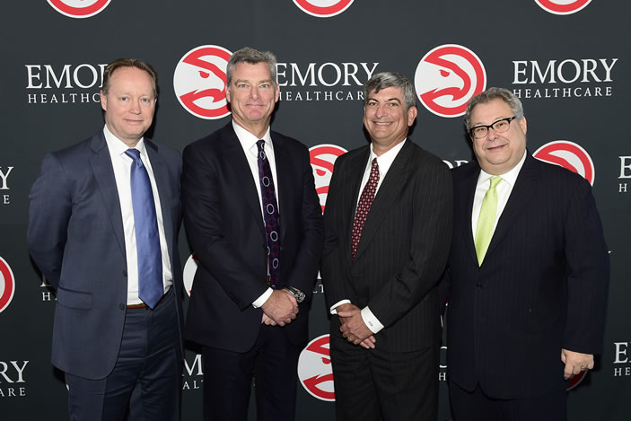 From the April 5th press conference: Mike Budenholzer (Atlanta Hawks President of Basketball Operations and Head Coach), Terry Ressler (Atlanta Hawks Principal Owner), Scott Boden (Director, Emory Orthopaedics and Spine Center and Chief Medical Officer, Emory Orthopaedics and Spine Hospital), and Steve Koonin (Atlanta Hawks CEO)
