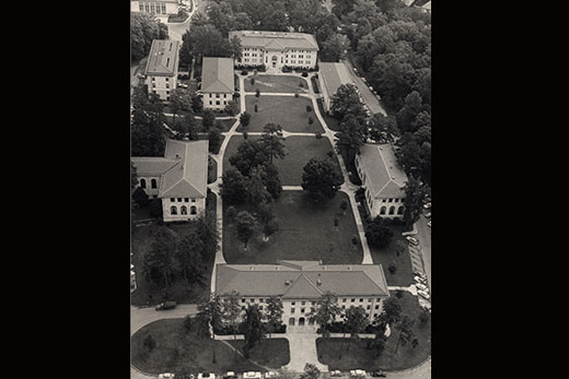 This aerial photo of the Quad on the Emory campus was taken in the late 1950s or early1960s. Credit: Emory University Archives