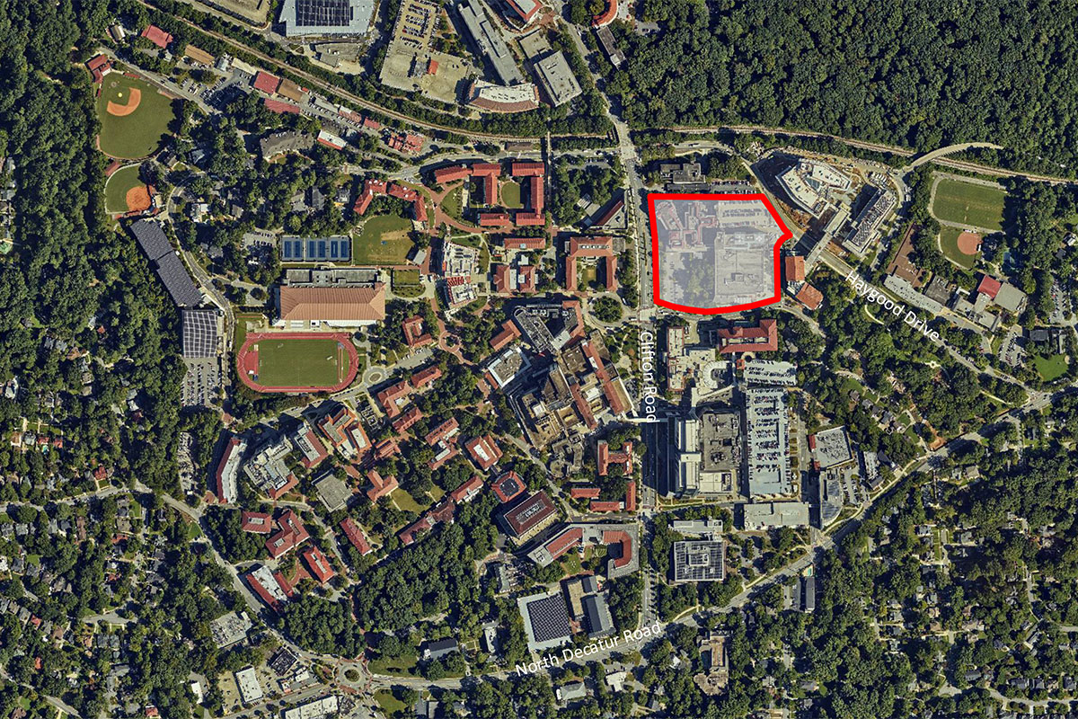 An aerial photo showing the Emory campus and the location of the former Egleston Hospital