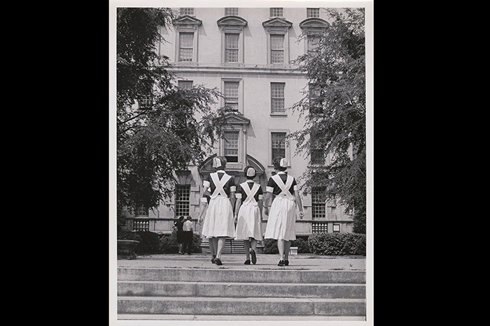 Nurses walking toward the nursing school, circa 1960s. Image: Emory University Photograph Collection