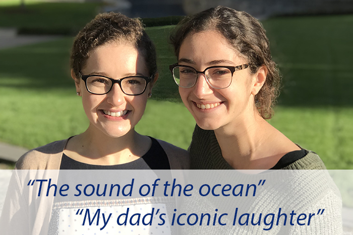 Two Emory students pose and explain that the sound of the ocean and their dad's laughter are the sounds they'd most miss if they lost their hearing.