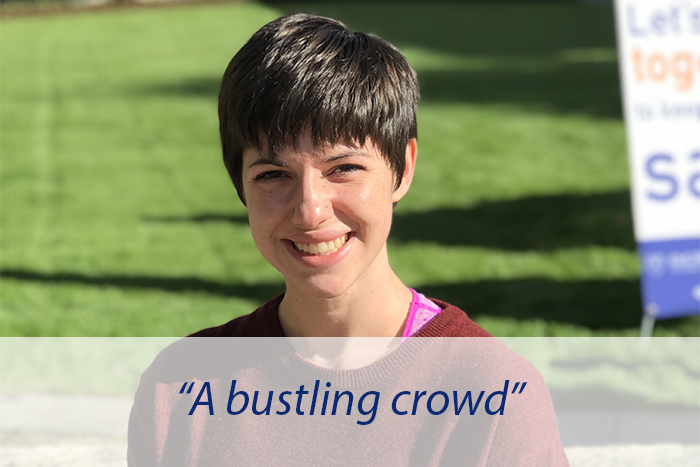 An Emory student poses and explains that she'd most miss the sound of a "bustling crowd."