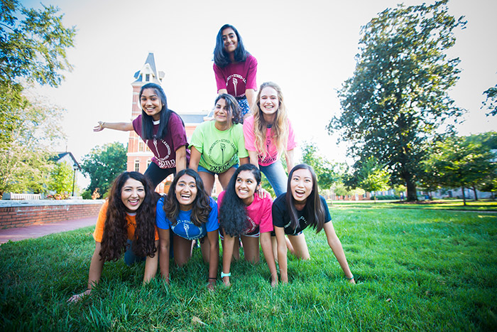 Oxford College students make a human pyramid at the Oxford Olympics.