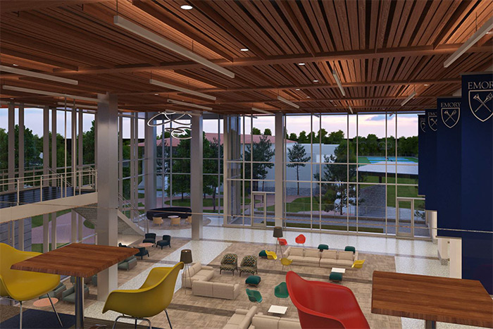 An interior rendering that shows seating options for students as they look out large windows toward McDonough Field and the Woodruff PE Center