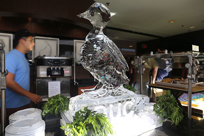 An ice sculpture of a duck sits on display at the farewell dinner for Dobbs Market on April 25.