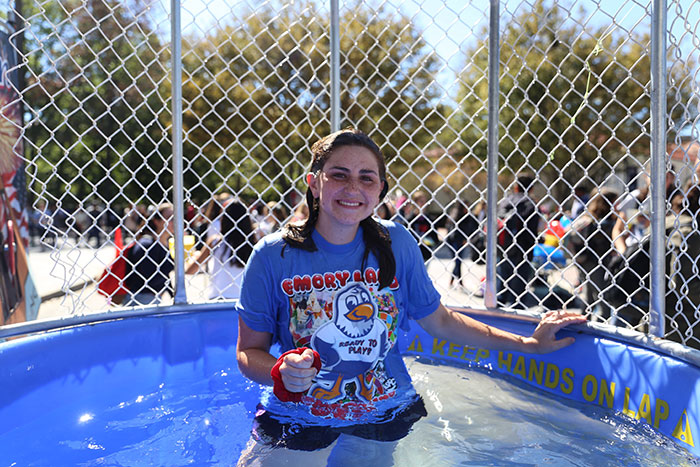 A student poses in the dunking booth.
