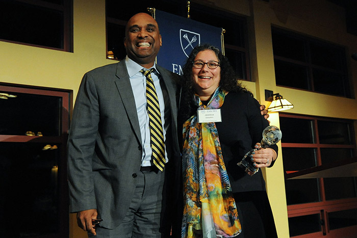 Emory Provost Dwight McBride congratulates Jessica Dworkin, assistant dean of graduate programs at the School of Law, who received the International Outreach Award.