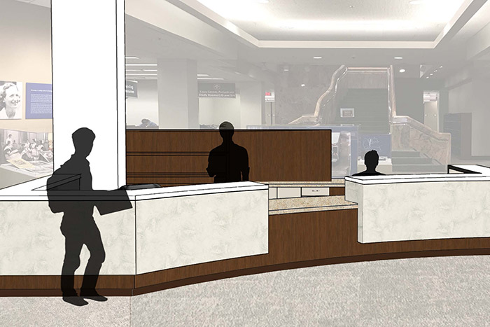 A rendering of the new service desk shows a sleek, modern-looking front desk.