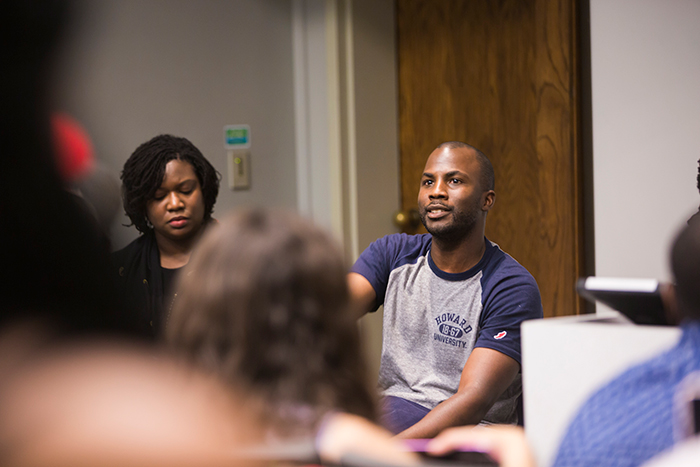 Worth Kamili Hayes speaks to students during a roundtable discussion at Emory's UNCF/Mellon Mays Summer Institute.