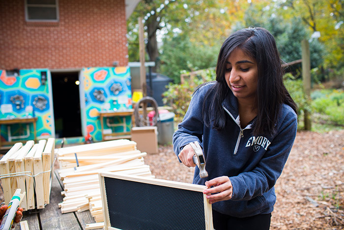 A female student puts together a small screen for separating plants at the community gardens.