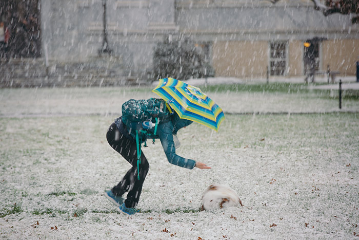A student excitedly starts rolling snow into a large ball.