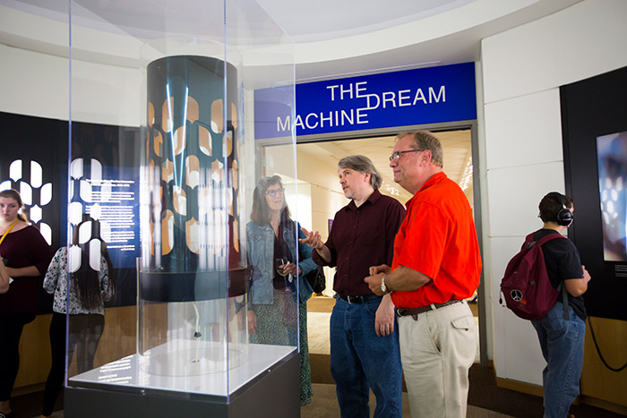 "The Dream Machine" exhibit included an actually "dream machine" device built by Brion Gysin. The "dream machine" was on display in a glass case at the exhibit.