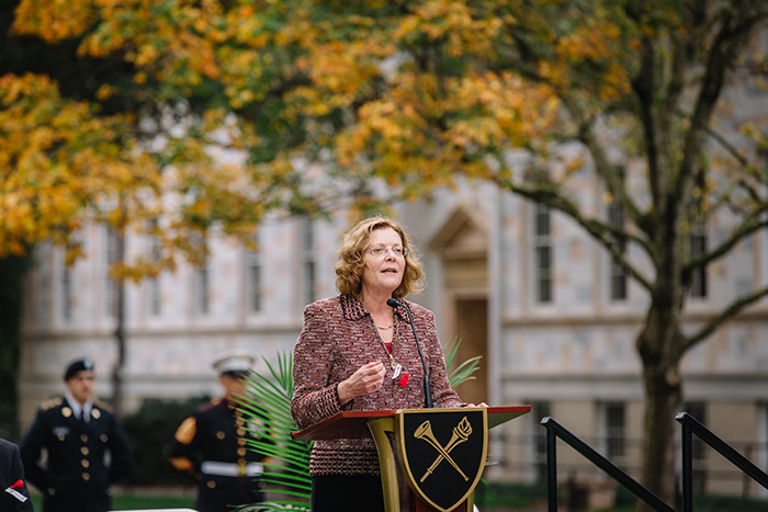 President Claire E. Sterk speaks at the 2017 Veterans Day Ceremony.