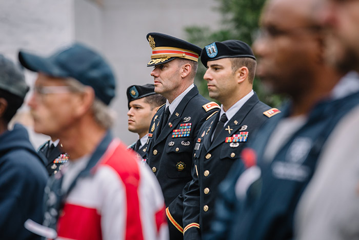 Veterans stand in the crowd among the Emory community at the 2017 Veterans Day Ceremony.