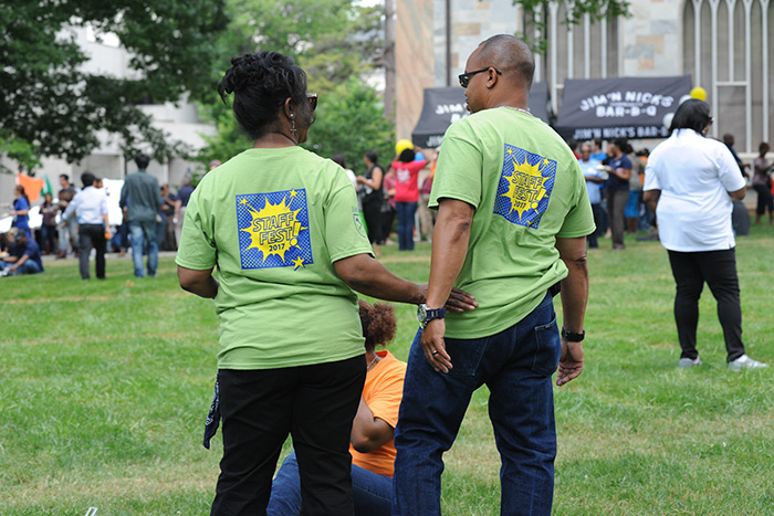 Staff members wear special event t-shirts at the 2017 Staff Fest.