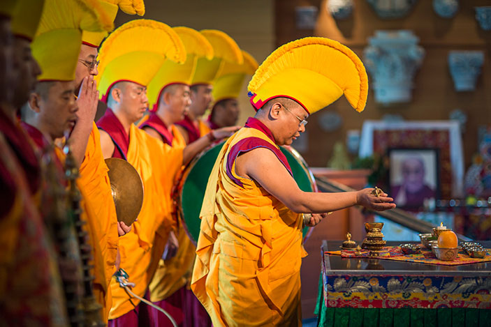 Geshe Lobsang Tenzin and the monks of the Drepung Loseling Monastery in Atlanta lead the opening ceremony for Tibet Week at Emory University.