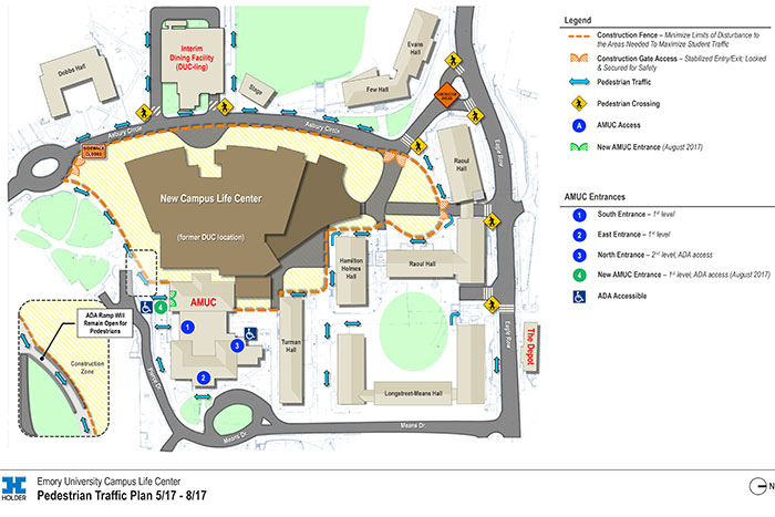 This map shows how pedestrian traffic will be rerouted to the new Campus Life Center.