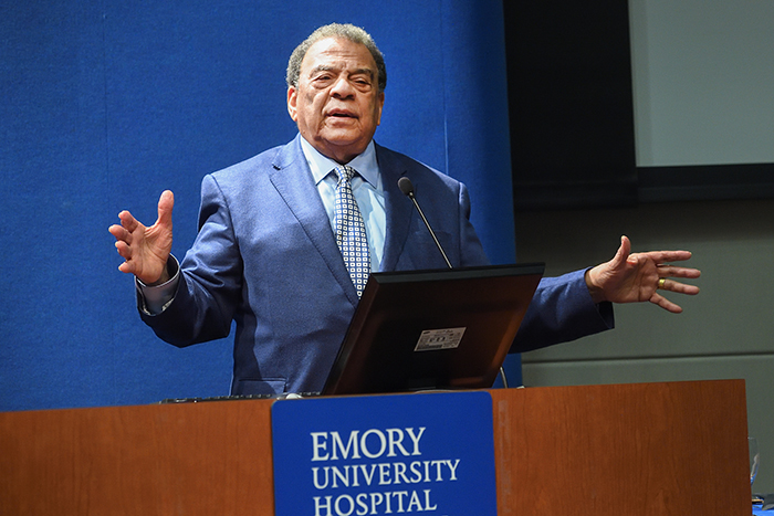 Ambassador Andrew Young, a friend of Martin Luther King Jr., spoke Jan. 12 to a capacity crowd at Emory University Hospital Midtown. The program was simulcast to Emory University Hospital and Emory Saint Joseph¿s Hospital. Photo by Jack Kearse.