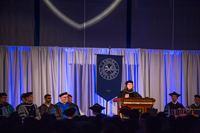 Emory President Claire Sterk speaking at Convocation