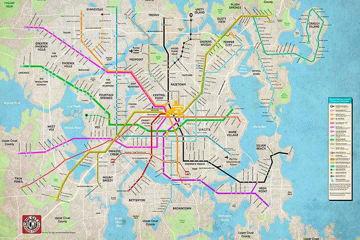 A map of the subway routes of Big City.