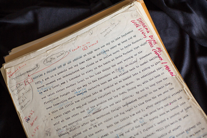 A rare original typescript draft of Keroac's novel "The Dharma Bums" includes numerous editorial corrections and suggestions from the publisher. Kerouac's responses to the suggestions are often in red.