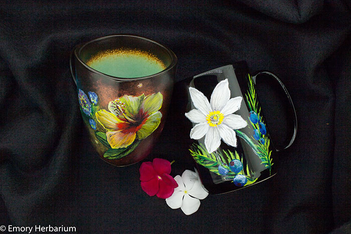 Two coffee mugs handpainted with plants