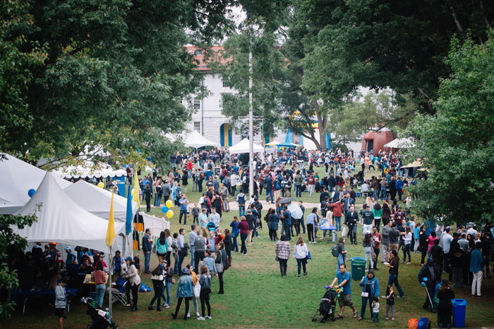 The Emory Quadrangle is crowded with tents and people during the Homecoming Festival