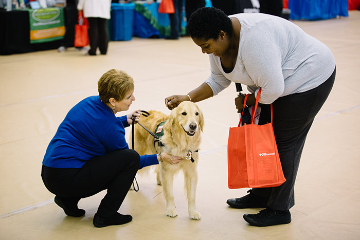 Two staff members pet a golden retriever therapy dog
