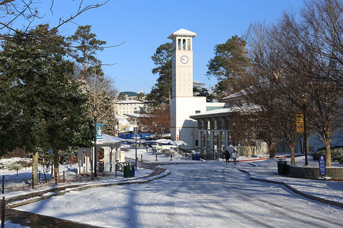 Cox Hall is surrounded by snow