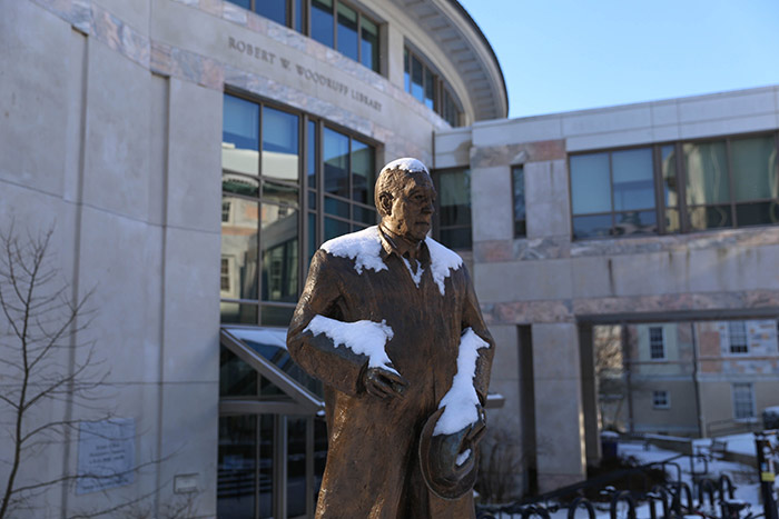 Woodruff statue covered in snow