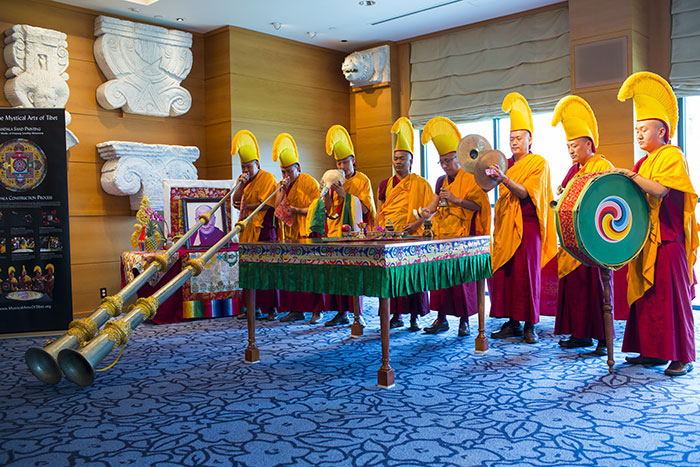 Monks of the Drepung Loseling Monastery of Atlanta play traditional musical instruments