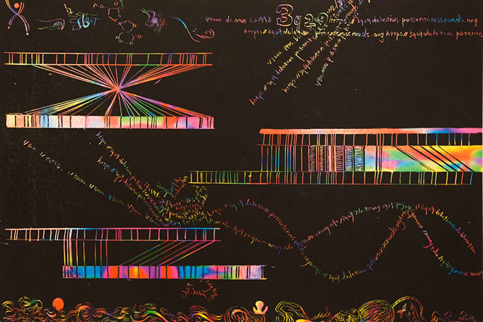 Alice Yang's art used the medium of scratch-off paper to portray the nanomapping of fluorescent-labeled alleles, variant forms of a given gene.