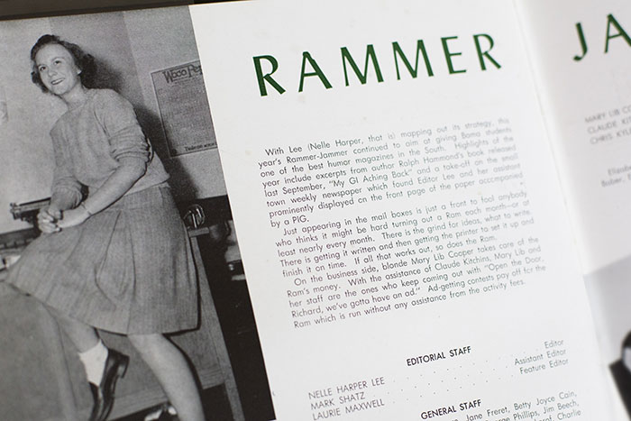 A photo of a young Harper Lee in a copy of a 1947 University of Alabama yearbook