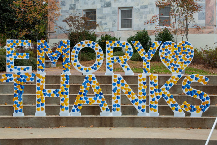A sign that reads 'Emory Thanks'