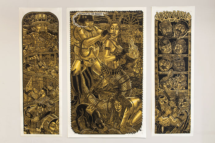 Three separate art panels, all gold and black, with a lot of scenes including humans an animals