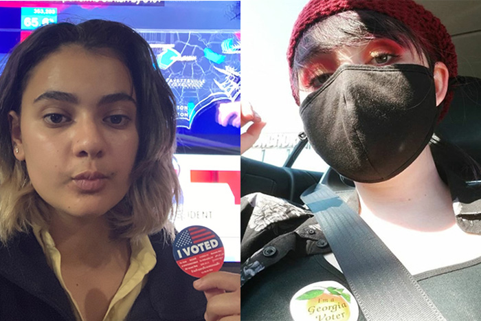 Two side-by-side Instagram stories of Oxford College students who voted