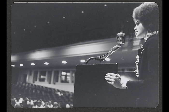 Kathleen Cleaver speaking at a Peace & Freedom Party rally at the University of Honolulu, 1968.