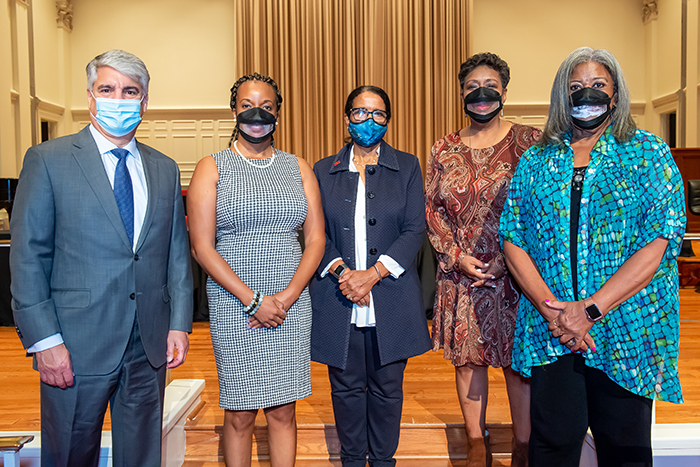 A group poses side by side: Emory President Gregory L. Fenves with Nichola Hines, president of the League of Women Voters of Atlanta-Fulton; Andrea Young, executive director of the ACLU of Georgia; Nancy Flake Johnson, president of the Urban League of Greater Atlanta; and Jocelyn Dorsey of WSB-TV.