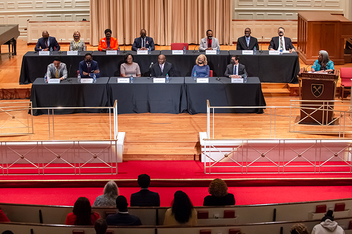 A view of the stage as candidates for Atlanta mayor discussed their platforms at an Oct. 5 forum at Emory. 