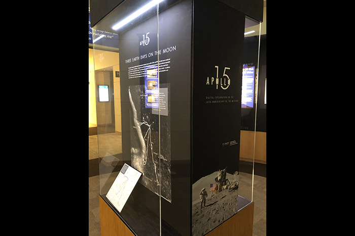 Photo of items in glass case at Apollo 15 exhibit