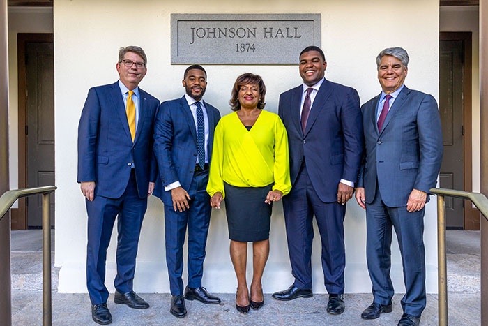 Oxford College Dean Doug Hicks, Bryant Johnson, Michelle Johnson, James Johnson and Emory President Gregory L. Fenves at the renaming ceremony.