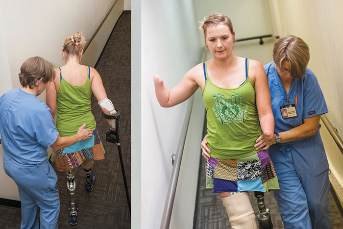Stairs and ramps are difficult to navigate with two prosthetic legs, requiring incredible strength and balance. Building up endurance is a large part of Copeland's physical therapy.