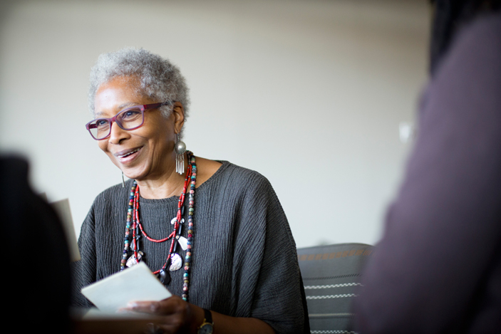Alice Walker working in the Rose Library