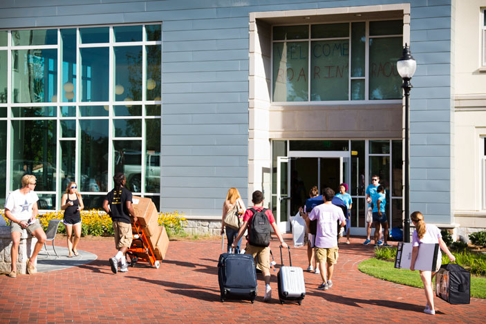 Students stream into Raoul Hall, Emory¿s newest first-year residence hall, with a focus on social entrepreneurship.