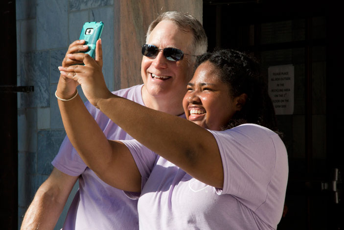 Emory University move-in day presents the perfect opportunity to capture a selfie with President James Wagner.