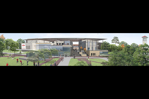 This view shows a conceptual design for a new Campus Life Center as seen from McDonough Field.